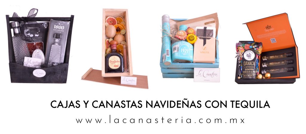 Cajas y canastas navideñas con kit de regalo de tequila y mezcal para empresas