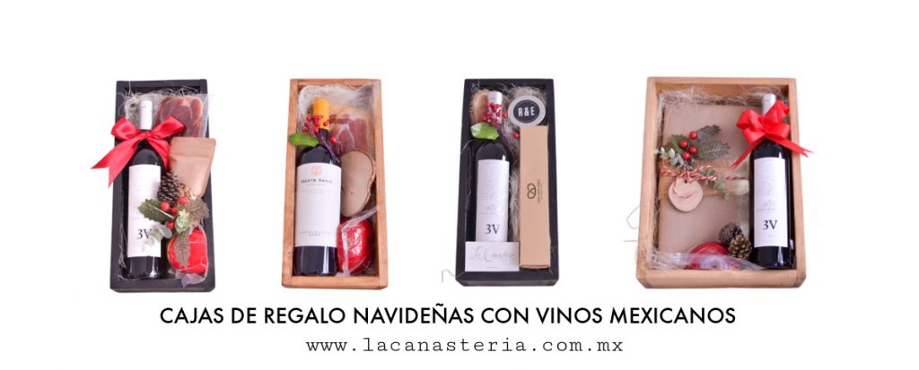 Arcones canastas y cajas de regalo navideñas con arreglos de vino mexicanos 3V y Monte Xanic cdmx df ciudad de mexico